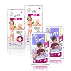 2x Pieluszki dla dzieci Happy Junior (5) 12-25 kg 58 szt. + 2x Pieluchomajtki dla dzieci Happy Pants Junior 11-18 kg 40 szt.