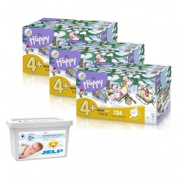 3x Pieluszki Bella Happy 4+ Maxi Plus BOX 124 szt. + Kapsułki do prania białego i kolorów Jelp